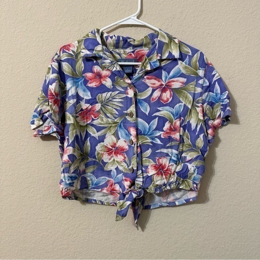 Westbound Crop Top Purple Tropical Hawaiian Print Tie Front Button Down Vacation